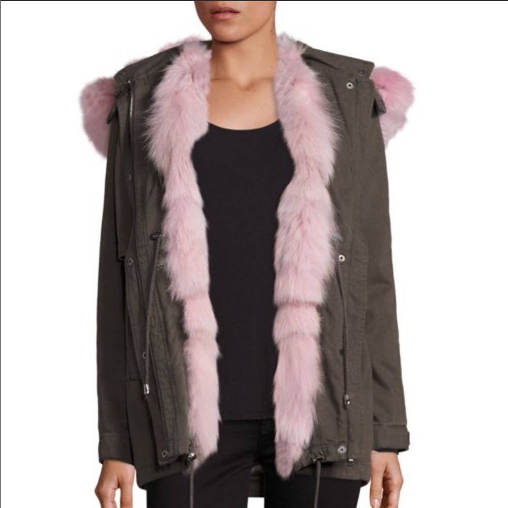 jocelyn Olive Green Parka with Pink Faux Fur Trim